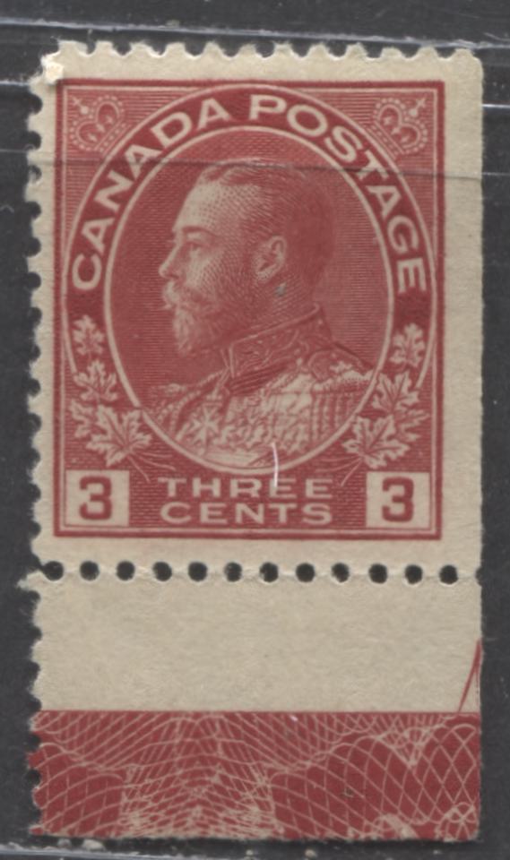 Lot 67 Canada #109 3c Carmine King George V, 1911-1925 Admiral Issue, A FOG Single, Type D Lathework, Die 1
