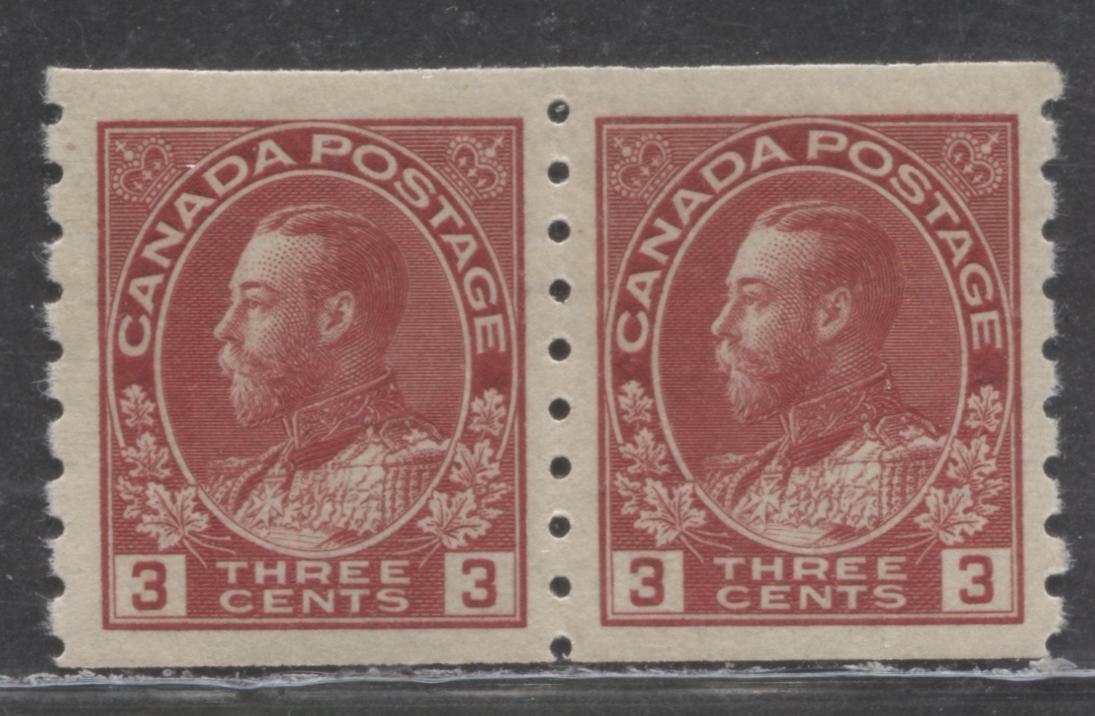 Lot 73 Canada #130b 3c Carmine Red King George V, 1912-1924 Admiral Coil Issue, A VFNH Coil Pair, Die 2, Dry Printing, Light Fingerprint On Gum
