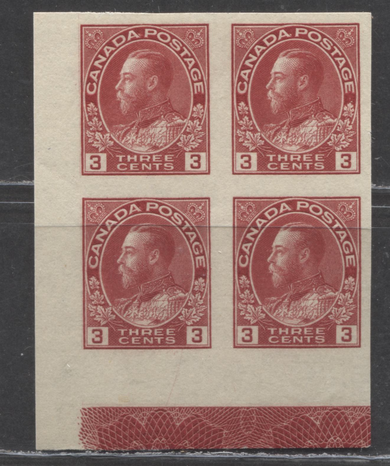 Lot 78 Canada #138 3c Carmine Red King George V, 1924 Admiral Imperforate Issue, A VFLH Imperf Block Of 4, Type D Lathework, Die 1, Dry Printing