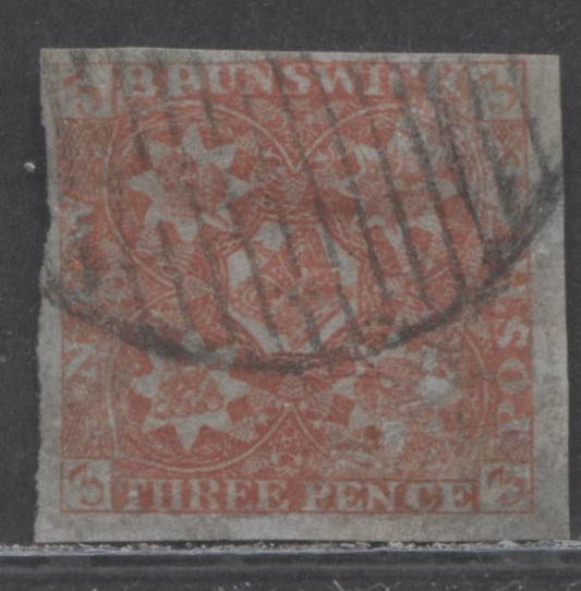 Lot 87 New Brunswick #1a 3d Dark Red Flowers & Heraldry, 1851 Pence Issue, A Fair Used Single, Completely Repaired