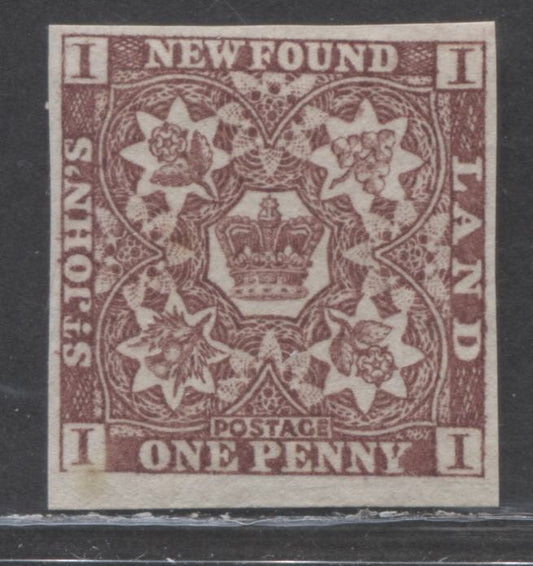 Lot 91 Newfoundland #1 1d Brown Violet Flowers & Heraldry, 1857 First Pence Issue, A VFNH Single , Dry Printing, 22 x 22.5mm, Small Natural Gum Anomally