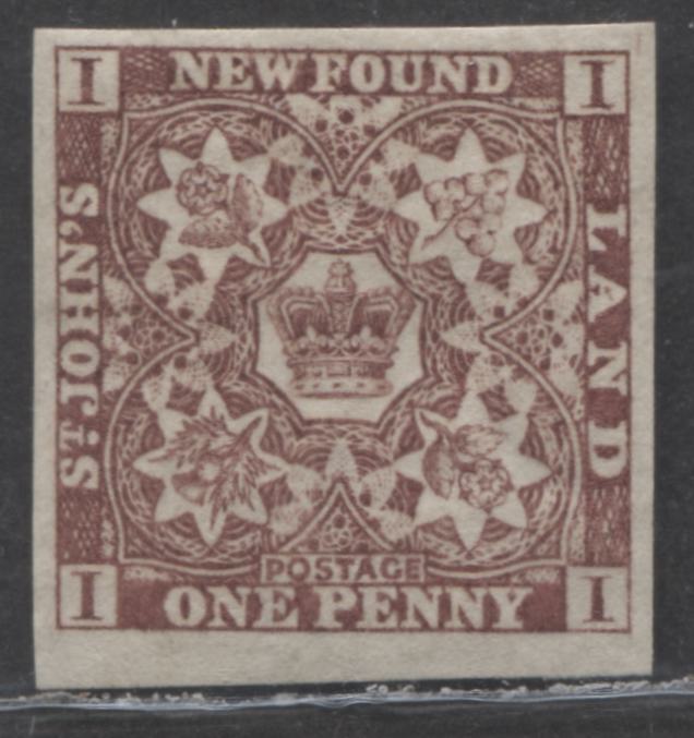 Lot 92 Newfoundland #1 1d Brown Violet Flowers & Heraldry, 1857 First Pence Issue, A VFOG Single, Dry Printing, 22 x 22.5mm