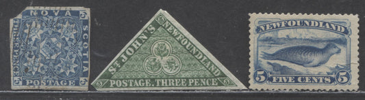 Lot 94 Nova Scotia & Newfoundland #7, 11A & 55 3d & 5c Blue & Green Flowers & Heraldry & Pup Seal, 1851-1896 Various Pence & Cents Issues, 3 Ungraded Singles, All Damaged, Used As Space Fillers