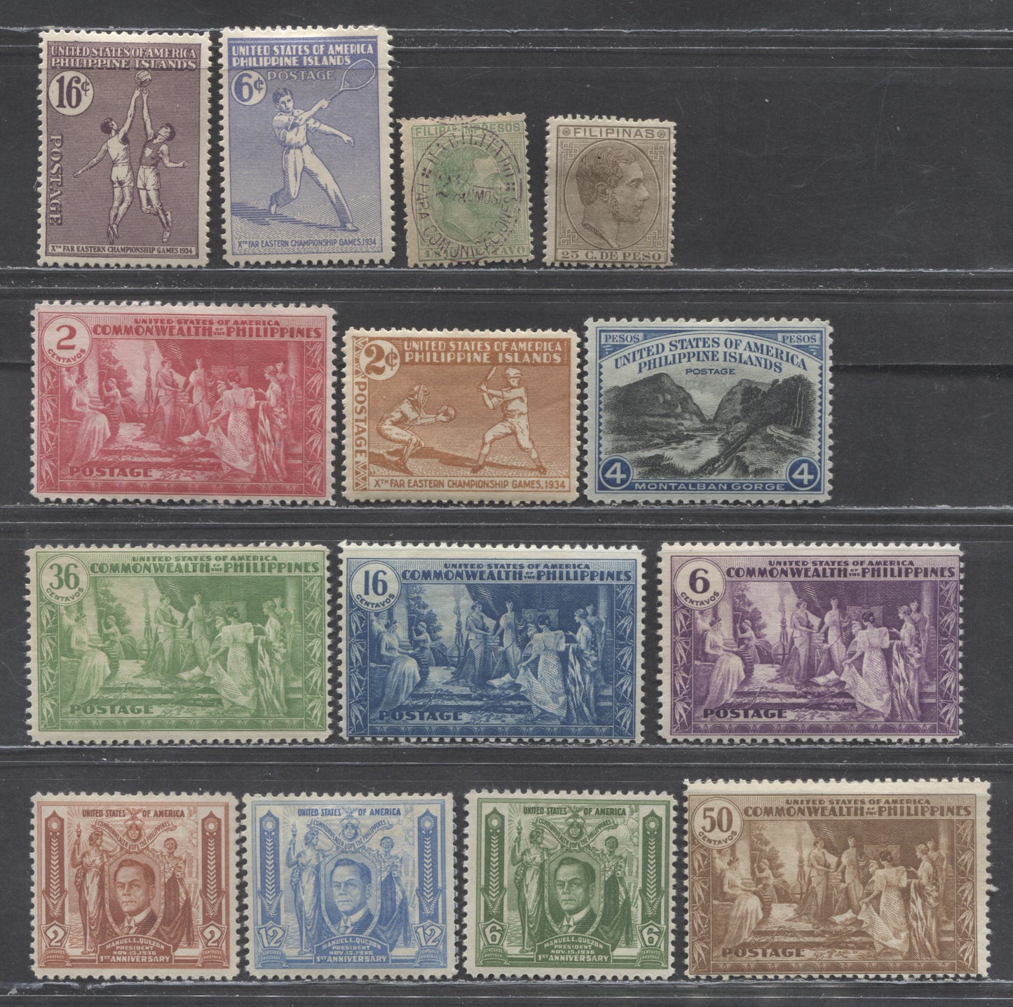 Lot 121 Philippines SC#88/411 1880-1936 Various Issues, 15 VFOG Singles, Click on Listing to See ALL Pictures, 2022 Scott Classic Cat. $26.8 USD