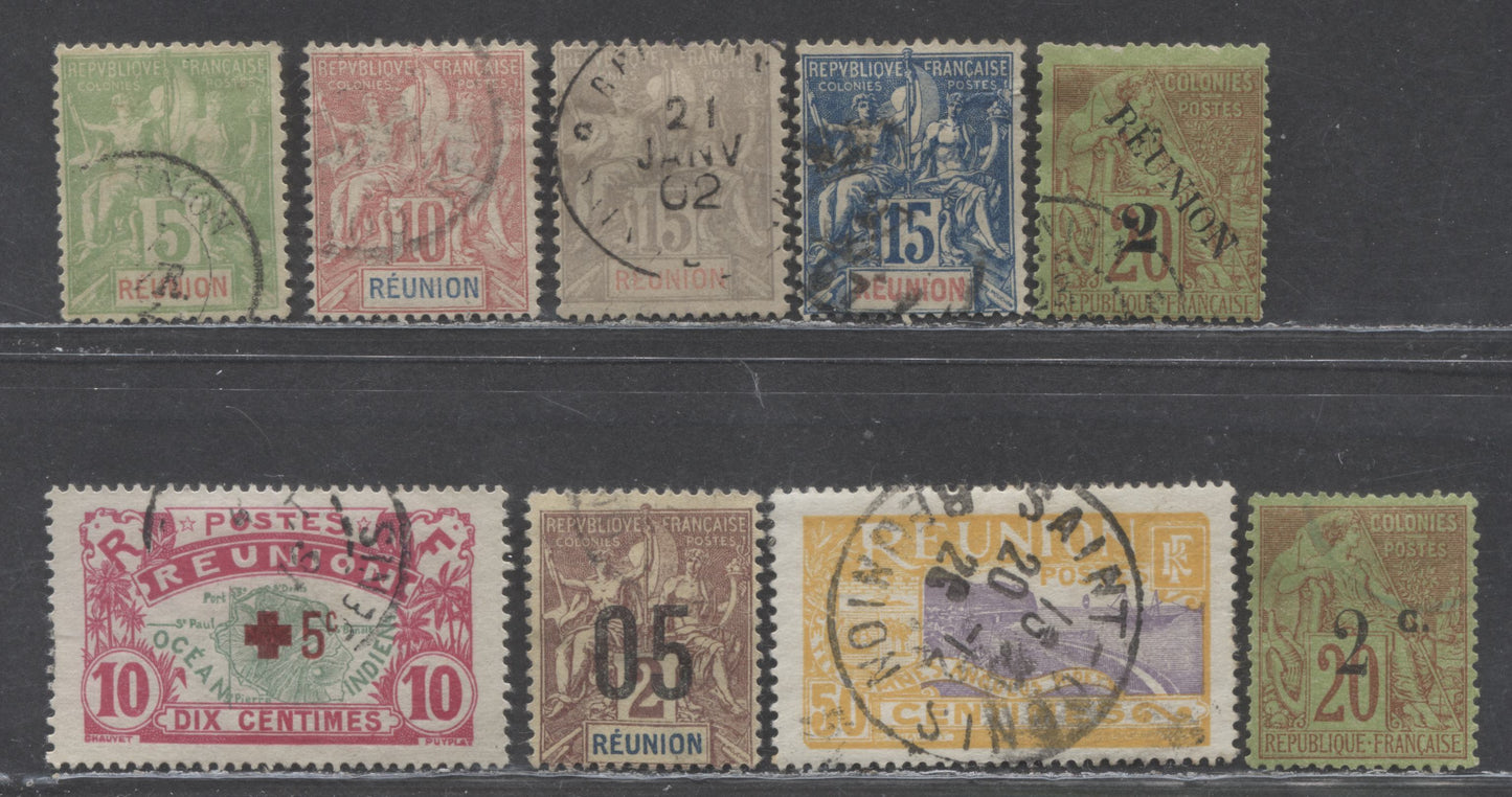 Lot 130 Reunion SC#31/B3 1891-1930 Peace, Commerce & Definitives Issues, 9 Fine/Very Fine Used Singles, Click on Listing to See ALL Pictures, 2022 Scott Classic Cat. $26.1 USD