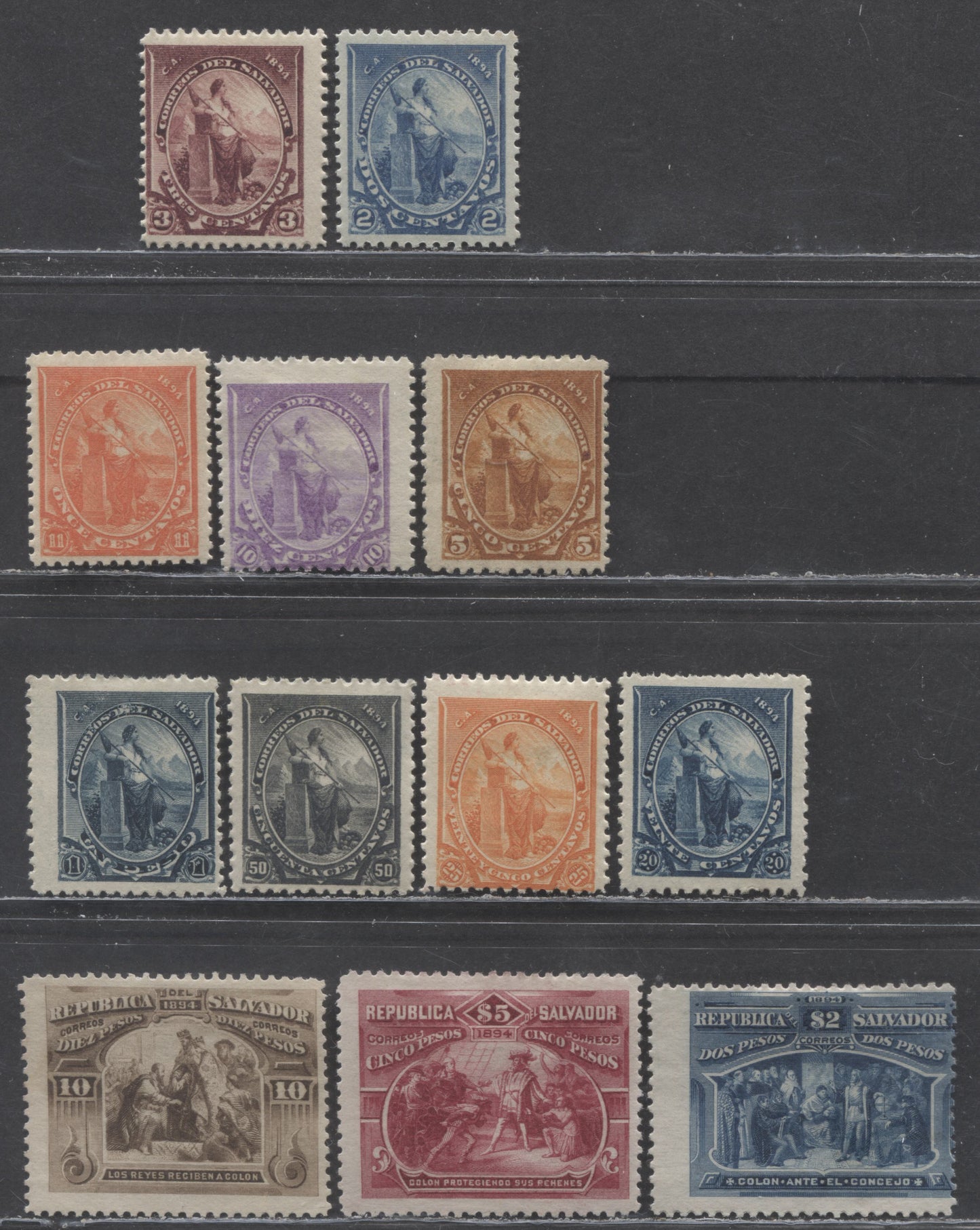 Lot 152 El Salvador SC#91/117 1894 Columbus Issue, 12 VG/VFOG Singles, Click on Listing to See ALL Pictures, 2022 Scott Classic Cat. $11.15 USD