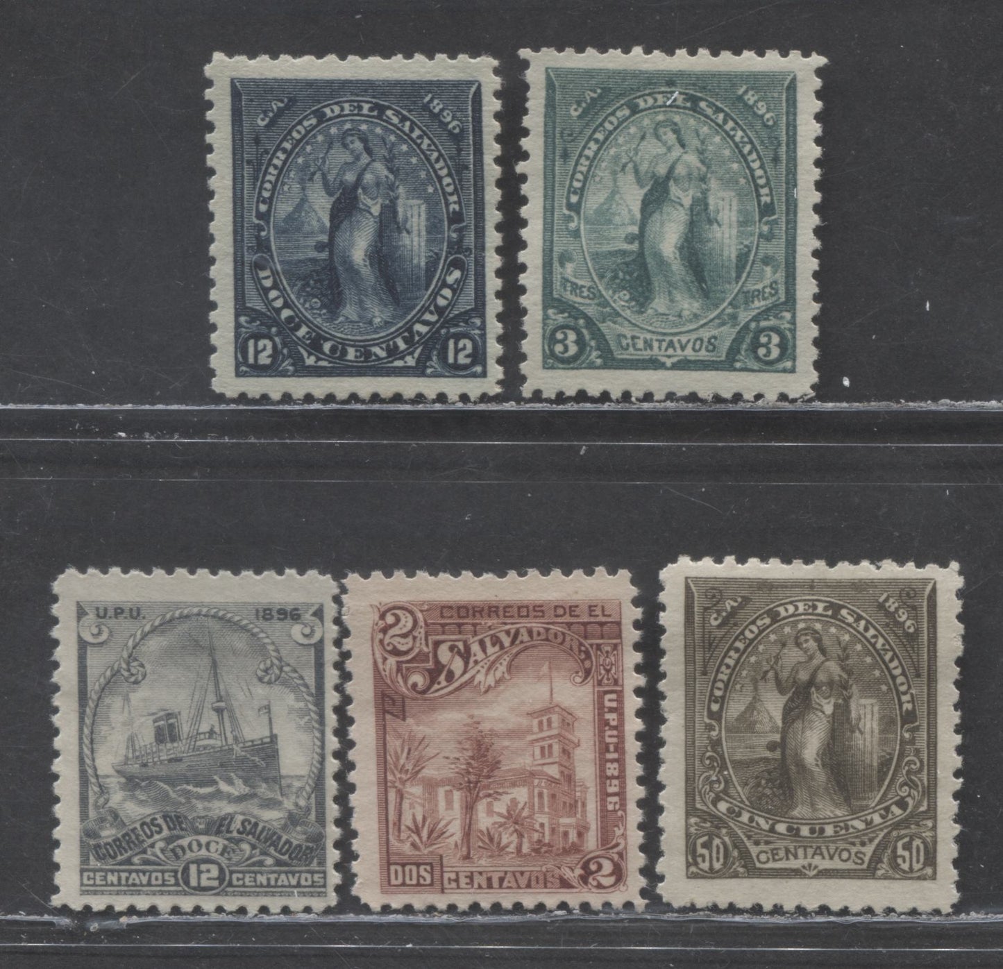 Lot 154 El Salvador SC#136/157g 1896 Seebeck Originals, On Thinner Paper, 5 F/VFOG & Unused Singles, Click on Listing to See ALL Pictures, Estimated Value $10 USD