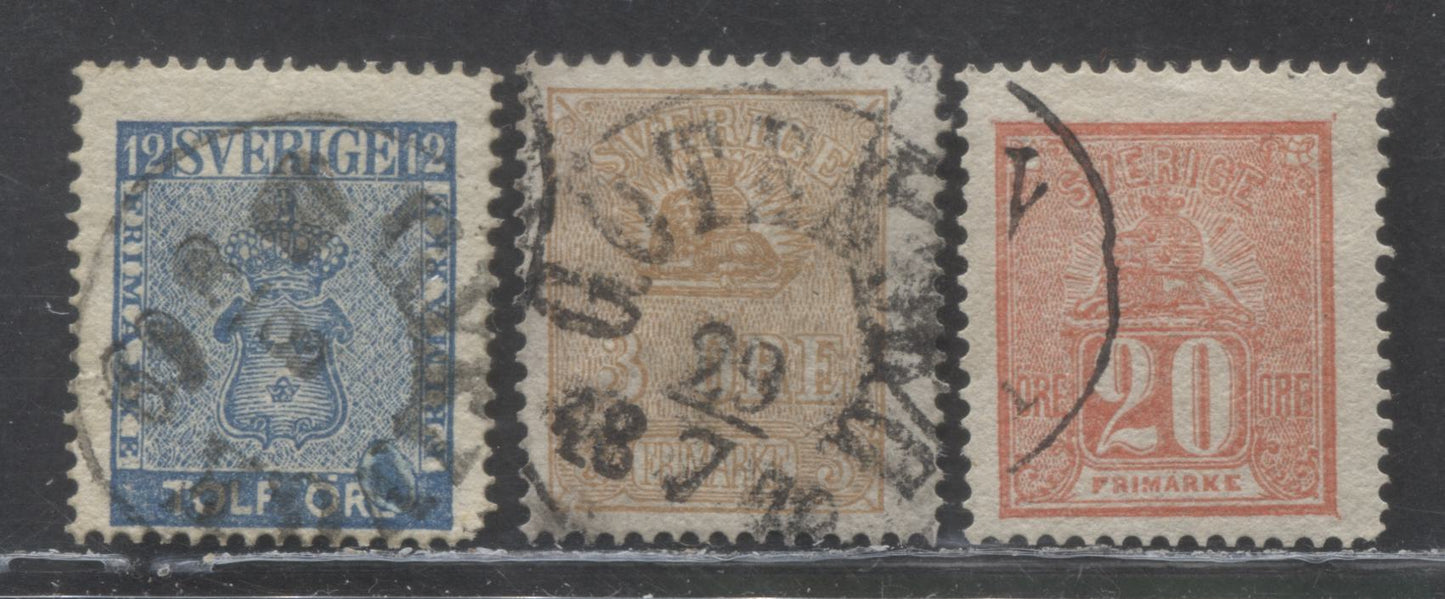 Lot 178 Sweden SC#8/16 1858-1869 Lion & Arms, 3 Fine Used Singles, Click on Listing to See ALL Pictures, Estimated Value $20 USD