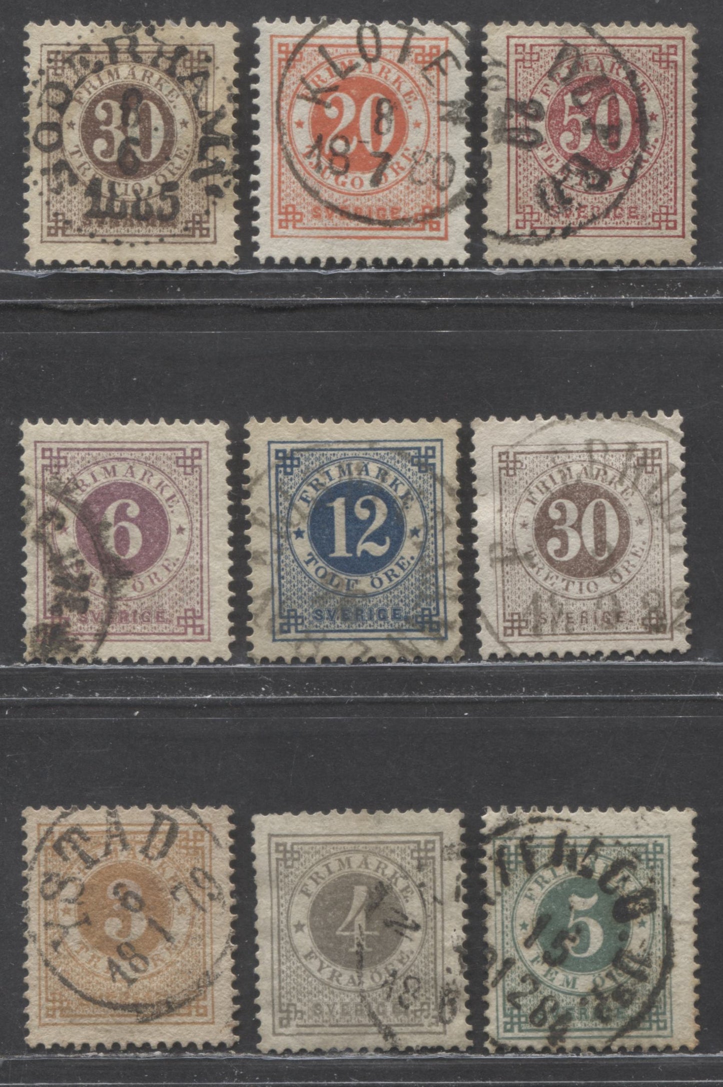 Lot 183 Sweden SC#28/36 1877-1879 Numeral Issue, Perf 13, Extra Shade Of #35, 9 Fine/Very Fine Used Singles, Click on Listing to See ALL Pictures, 2022 Scott Classic Cat. $30.5 USD