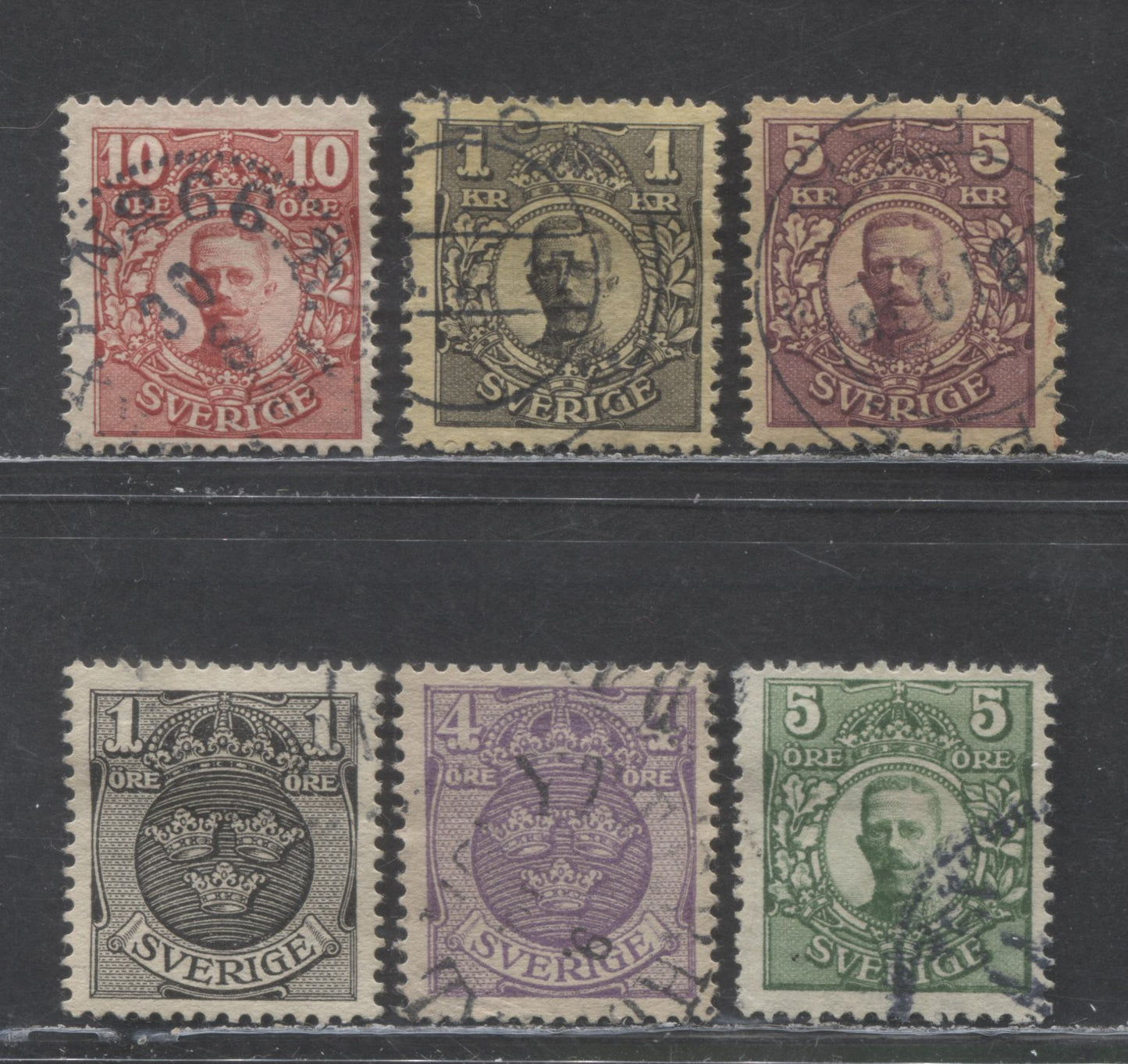 Lot 194 Sweden SC#67/73 1910-1914 Arms & Gustav Issues With Crown Watermark, 6 Fine/Very Fine Used Singles, Click on Listing to See ALL Pictures, 2022 Scott Classic Cat. $35.6 USD