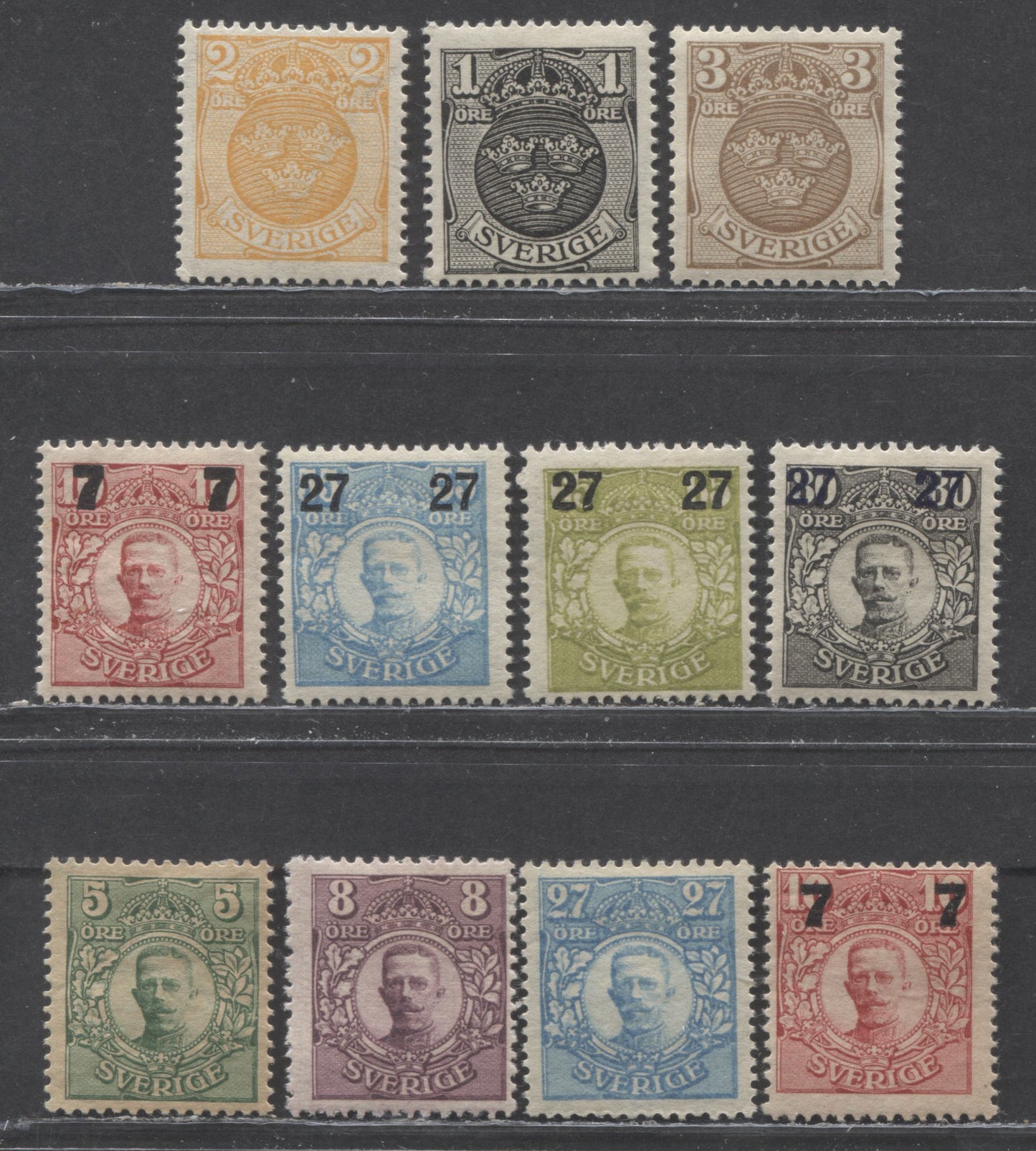 Lot 197 Sweden SC#70/104 1910-1918 Arms & Gustav V Issues, 11 F/VFOG Singles, Click on Listing to See ALL Pictures, 2022 Scott Classic Cat. $19.2 USD