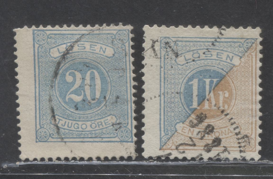 Lot 239 Sweden SC#J6/J22 1874-1886 Postage Dues, Perf 14 & 13, 2 Fine Used Singles, Click on Listing to See ALL Pictures, Estimated Value $27 USD