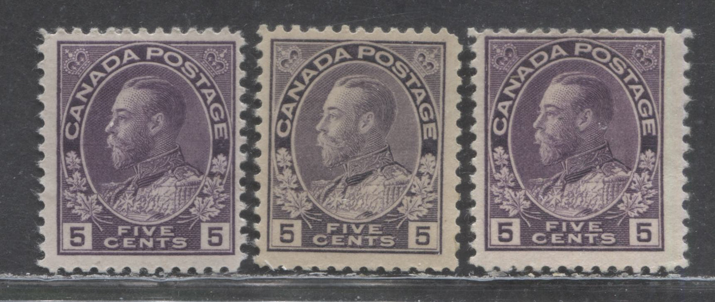 Lot 24 Canada #112i, 112c 5c Violet, Grey Violet, Violet King George V, 1922 Admiral Issue, 3 FOG Singles, Wet And Dry Printings