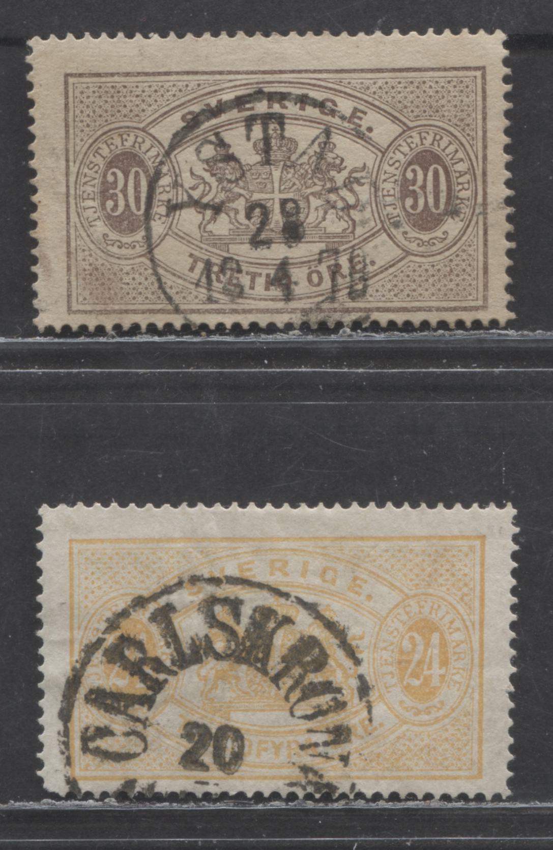 Lot 242 Sweden SC#O8-O9 1874-1877 Officials, Perf 14, 2 Very Good/Fine Used Singles, Click on Listing to See ALL Pictures, Estimated Value $20 USD