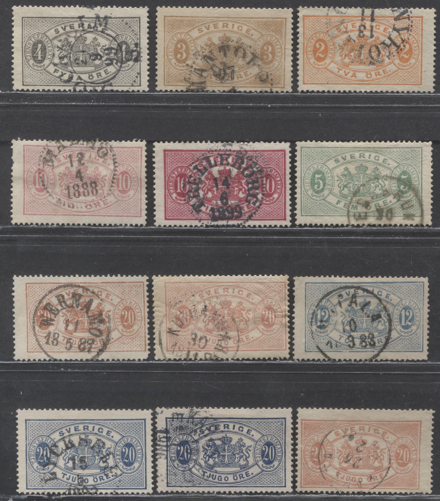 Lot 245 Sweden SC#O12/O20 1881-1896 Officials, Perf 13, 12 Fine Used Singles, Click on Listing to See ALL Pictures, Estimated Value $19 USD