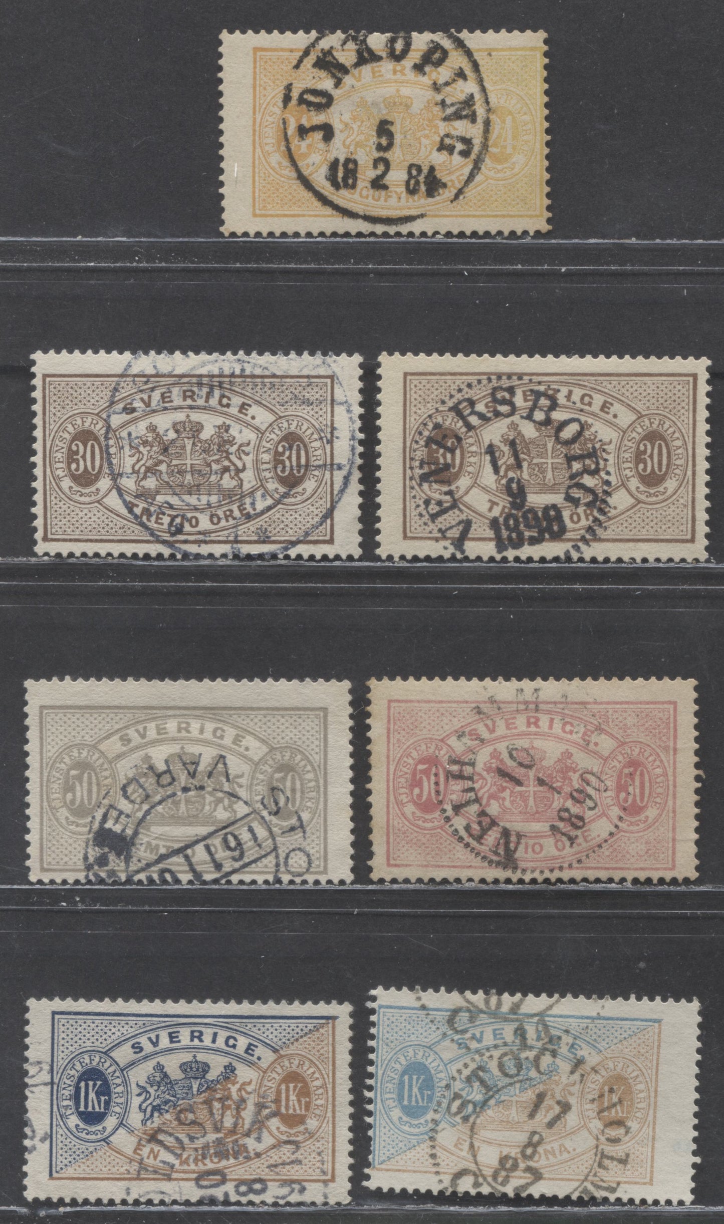 Lot 247 Sweden SC#O21-O25a 1881-1896 Officials, Perf 13, 7 Fine Used Singles, Click on Listing to See ALL Pictures, Estimated Value $32 USD