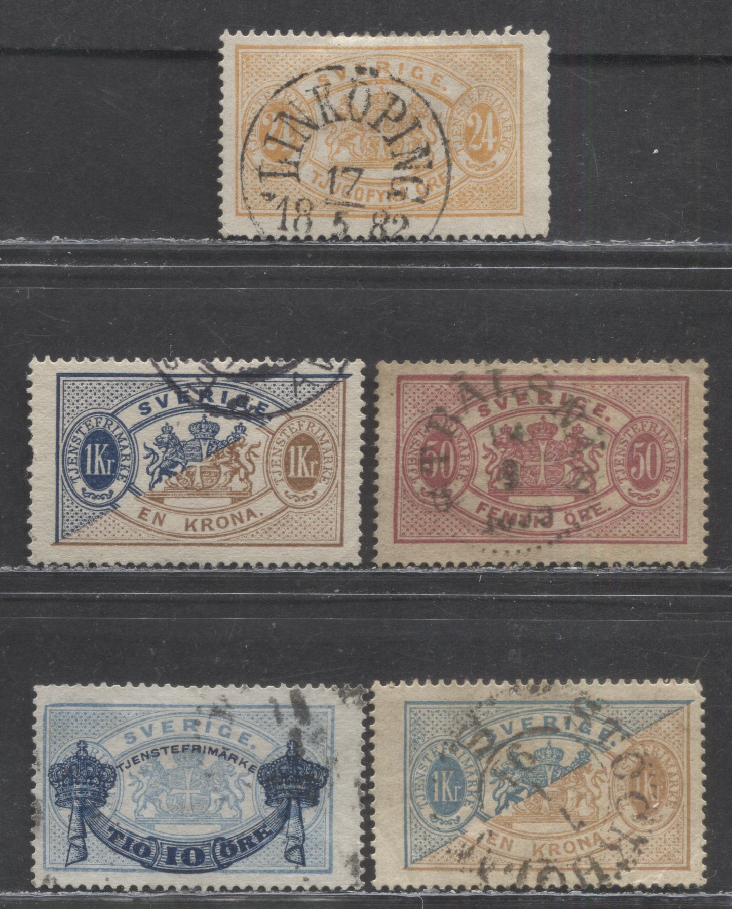 Lot 248 Sweden SC#O21/O26 1881-1896 Officials, Perf 13, 5 Very Good/Fine Used Singles, Click on Listing to See ALL Pictures, Estimated Value $25 USD