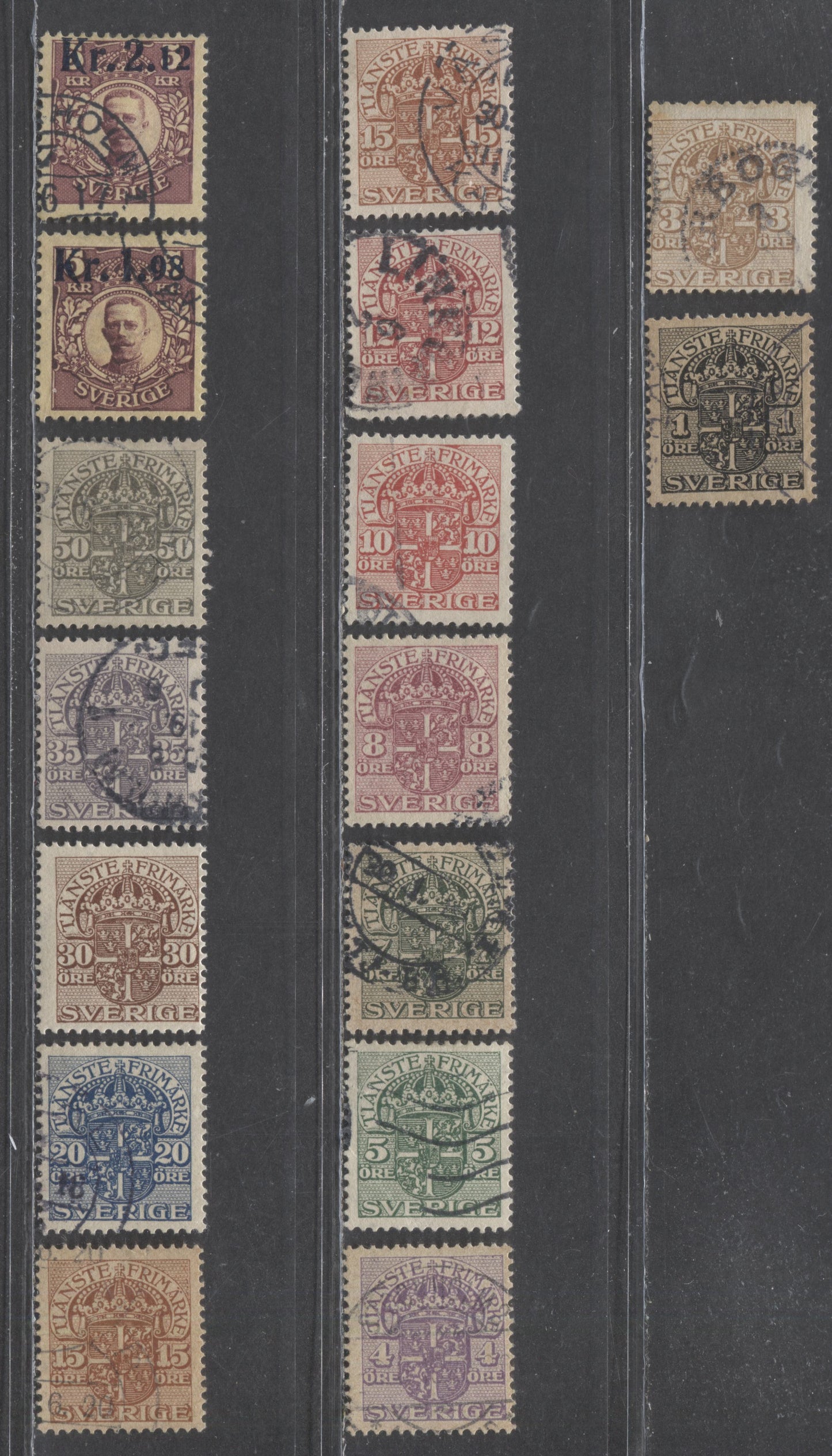 Lot 251 Sweden SC#O41/Q2 1910-1912 Officials & Parcel Post, Crown Watermark, 16 Fine/Very Fine Used Singles, Click on Listing to See ALL Pictures, 2022 Scott Classic Cat. $51.75 USD