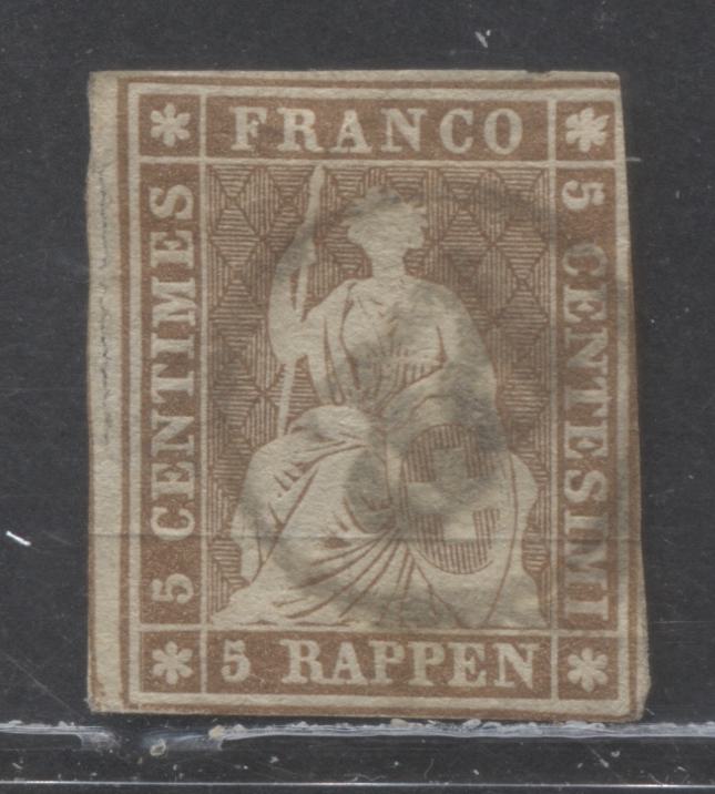 Lot 252 Switzerland SC#14 02r Brown 1854 Helvetia Issue, Emerald Silk Thread, Thin Paper, A Good Used Example, Click on Listing to See ALL Pictures, Estimated Value $175 USD