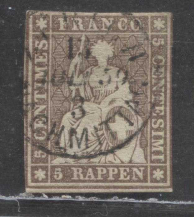 Lot 257 Switzerland SC#25 5r Brown 1855-1857 Helvetia Issue, Black Silk Thread, Medium Thick Paper, A Very Good Used Example, Click on Listing to See ALL Pictures, Estimated Value $10 USD