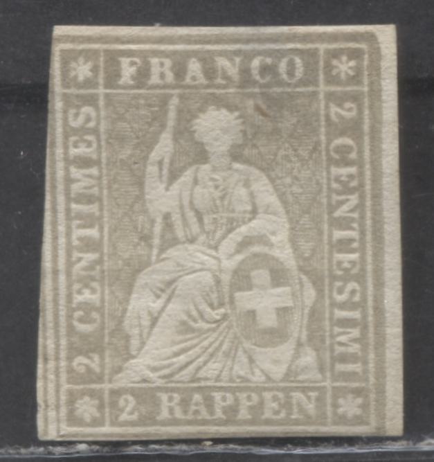 Lot 264 Switzerland SC#35 2r Olive Gray 1858-1865 Helvetia Issue, Green Silk Thread, A Good Unused Example, Click on Listing to See ALL Pictures, Estimated Value $25 USD
