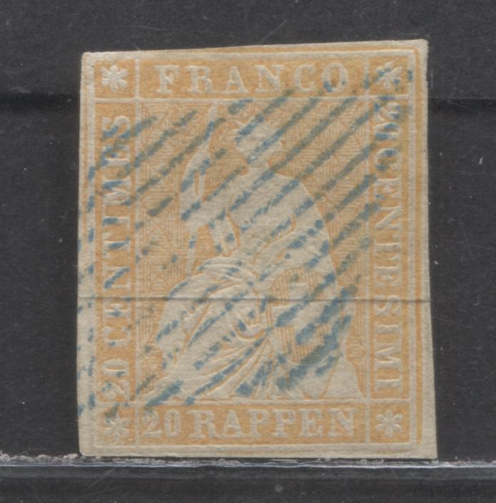 Lot 267 Switzerland SC#39b 20r Yellow Orange 1858-1862 Helvetia Issue, Green Silk Thread, Thick Paper, A Very Good Used Example, Click on Listing to See ALL Pictures, Estimated Value $20 USD