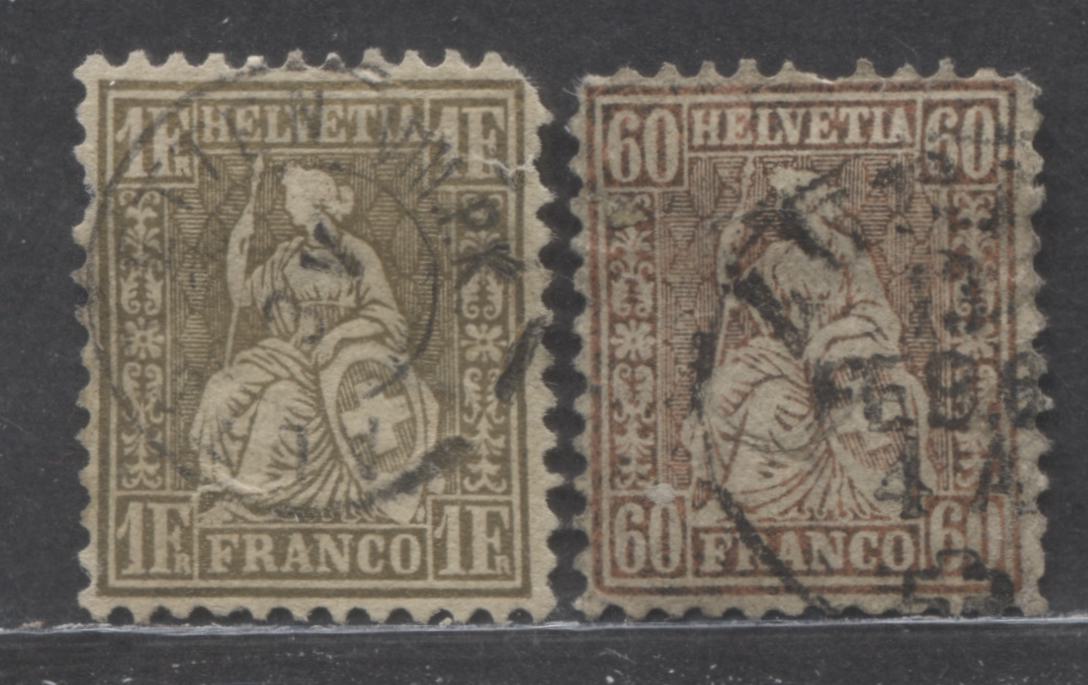 Lot 269 Switzerland SC#48/50 1862-1864 Helvetia Issue, White Papers, 2 Good Used Singles, Click on Listing to See ALL Pictures, Estimated Value $35 USD