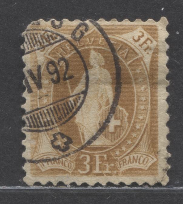 Lot 279 Switzerland SC#111 3fr Brown 1905 Helvetia Issue, Perf 11.5 x 11, Wmk 183, A Good Used Example, Click on Listing to See ALL Pictures, Estimated Value $25 USD