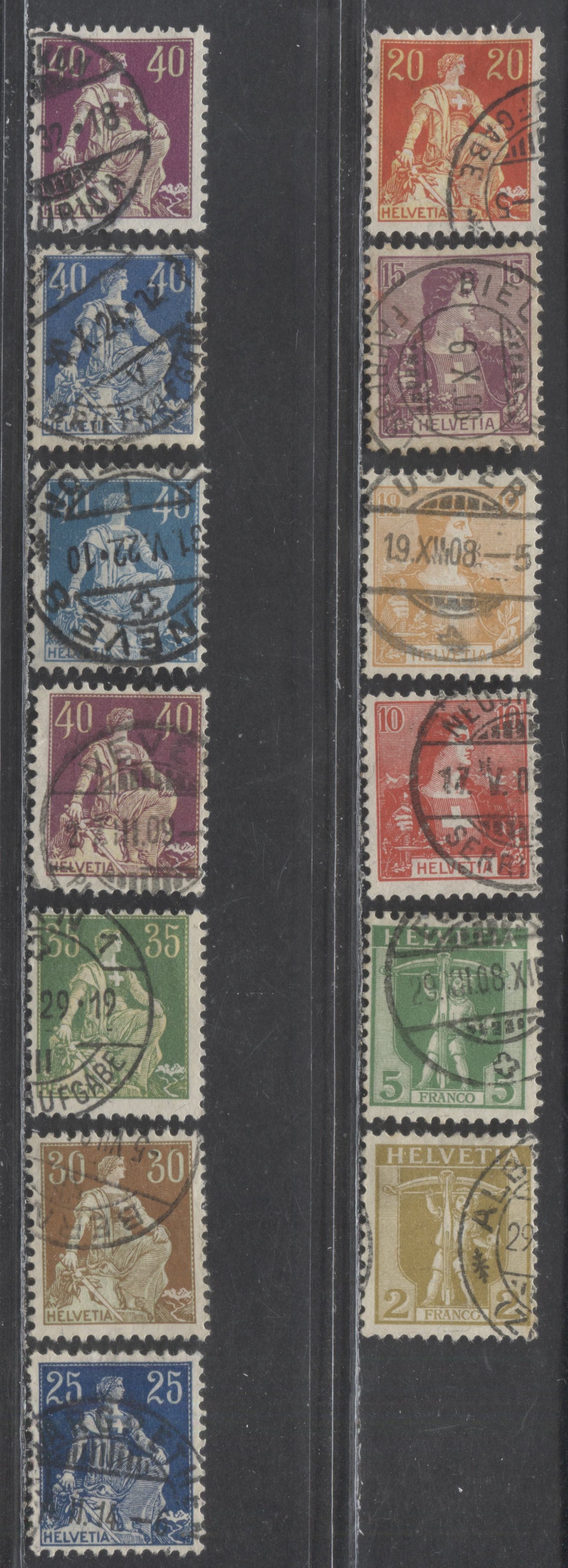 Lot 284 Switzerland SC#126/138 1907-1925 Helvetia & William Tell's Son Issues, 13 Very Fine Used Singles, Click on Listing to See ALL Pictures, 2022 Scott Classic Cat. $50.3 USD