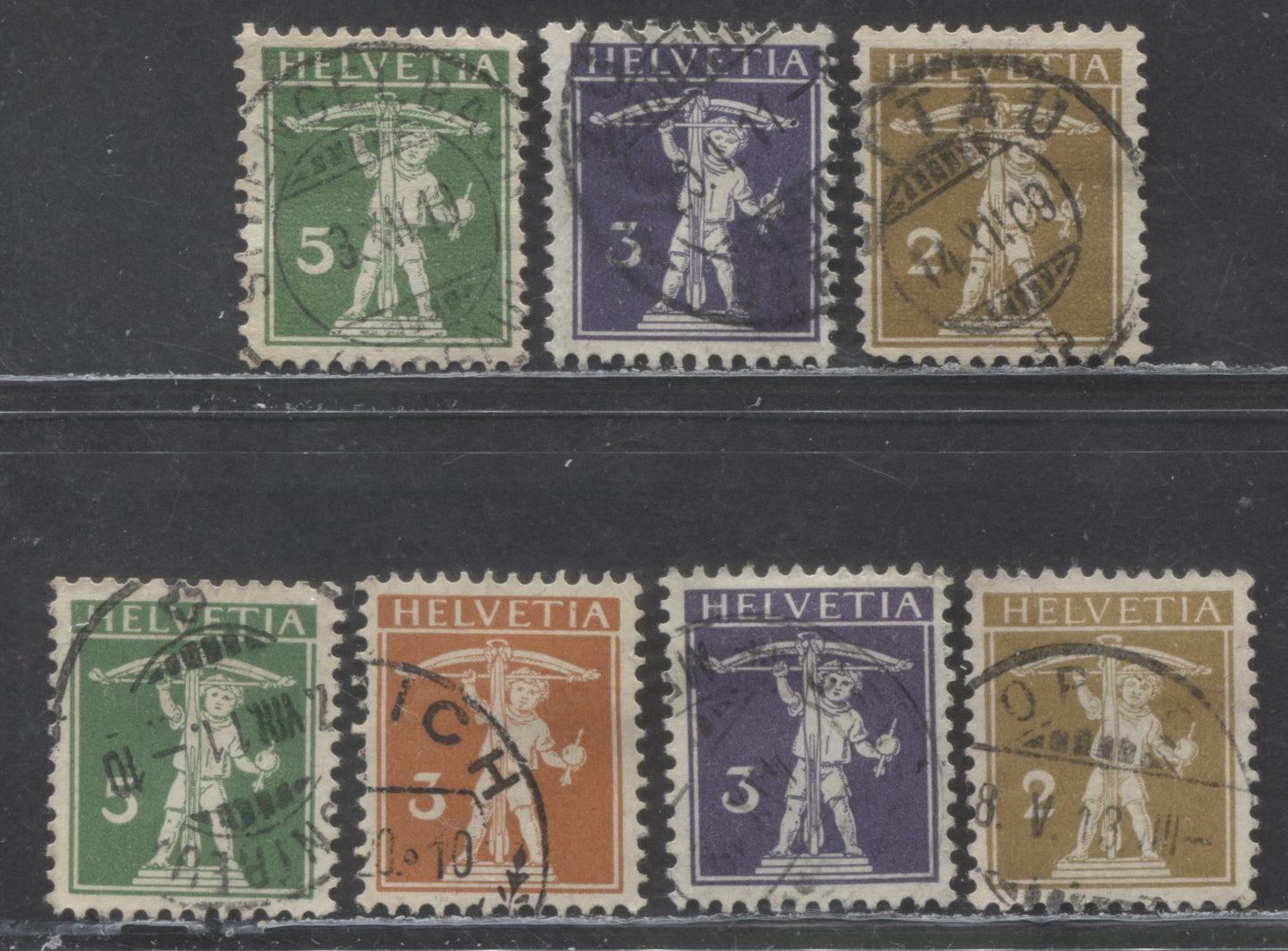 Lot 286 Switzerland SC#146-152 1909-1917 William Tell's Son Issue, Original & Redrawings, 7 Fine/Very Fine Used Singles, Click on Listing to See ALL Pictures, 2022 Scott Classic Cat. $52.25 USD