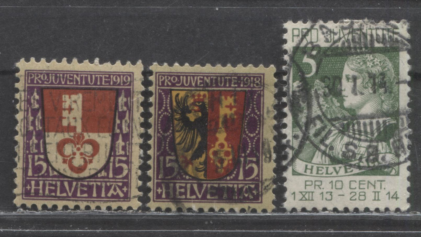 Lot 300 Switzerland SC#B1/B14 1913-1919 Semi Postals, 3 Fine/Very Fine Used Singles, Click on Listing to See ALL Pictures, 2022 Scott Classic Cat. $42 USD