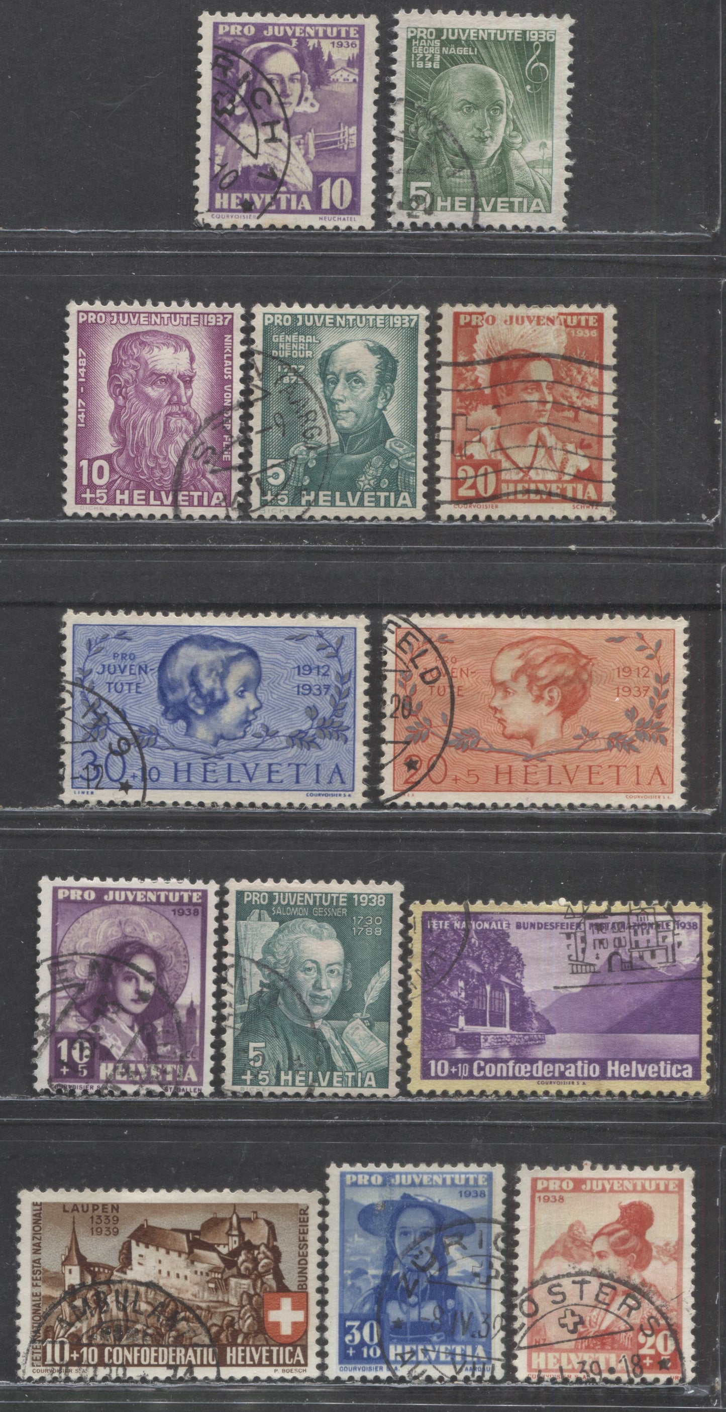 Lot 311 Switzerland SC#B81/B95 1936-1937 Semi Postals, 13 Fine/Very Fine Used Singles, Click on Listing to See ALL Pictures, 2022 Scott Classic Cat. $21.55 USD
