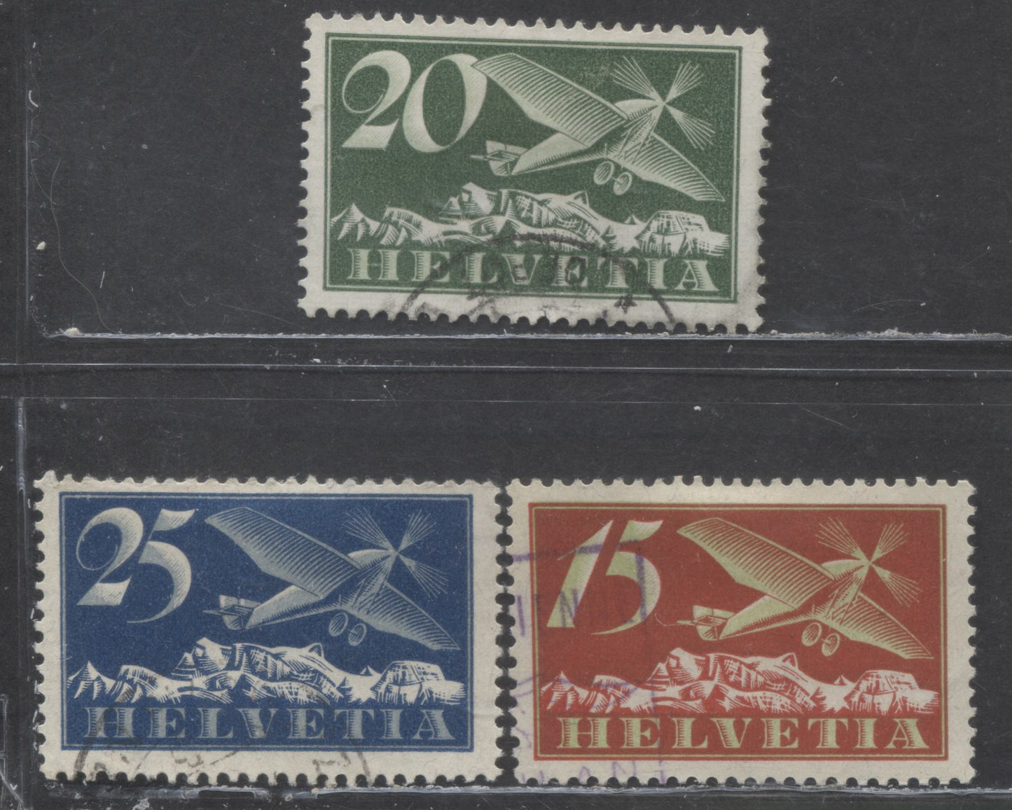 Lot 315 Switzerland SC#C3-C5 1923-1925 Airmails, 3 Fine/Very Fine Used Singles, Click on Listing to See ALL Pictures, 2022 Scott Classic Cat. $26.25 USD