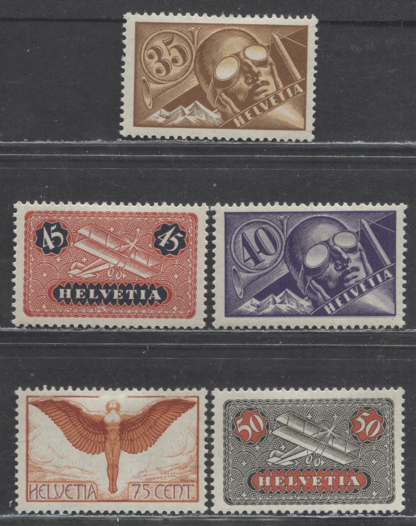 Lot 316 Switzerland SC#C6/C11 1923-1925 Airmails, 5 VFOG Singles, Click on Listing to See ALL Pictures, 2022 Scott Classic Cat. $44.25 USD