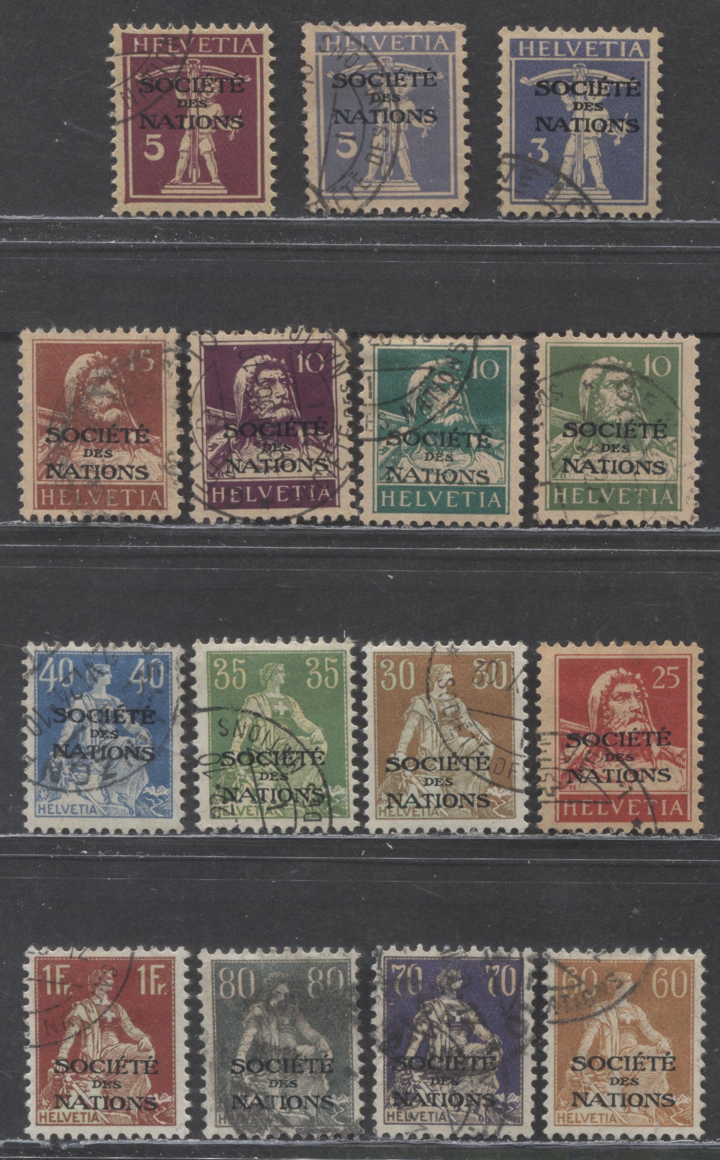 Lot 325 Switzerland SC#2O2/2O26 1922-1931 League Of Nations Overprints, 15 Fine/Very Fine Used Singles, Click on Listing to See ALL Pictures, 2022 Scott Classic Cat. $71.35 USD