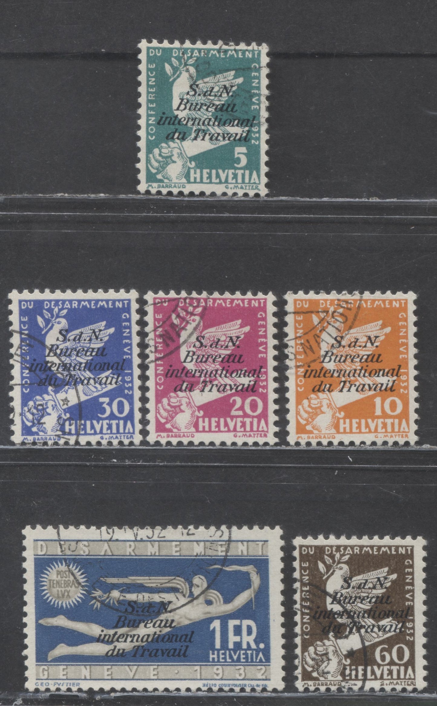 Lot 332 Switzerland SC#3O32-3O37 1932 International Labour Bureau Overprints, 6 Very Fine Used Singles, Click on Listing to See ALL Pictures, 2022 Scott Classic Cat. $28.75 USD