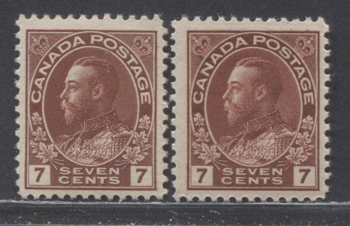 Lot 36 Canada #114, 114b 7c Red Brown King George V, 1911-1925 Admiral Issue, 2 VFRG & FNH Singles, Dry and Wet Printings