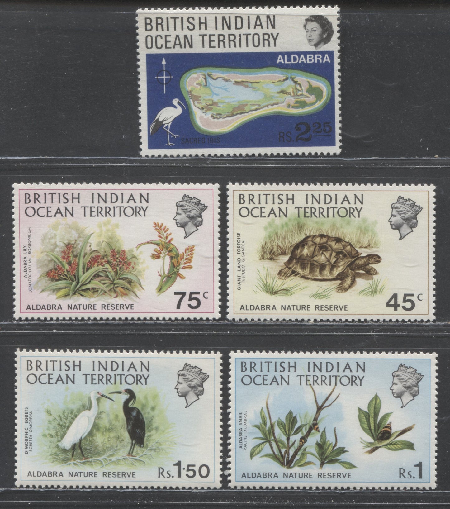 Lot 429 British Indian Ocean Territory SC#34/42 1969-1971 Aladbra Nature Reserve, 5 VFNH Singles, Click on Listing to See ALL Pictures, 2017 Scott Cat. $25.25 USD