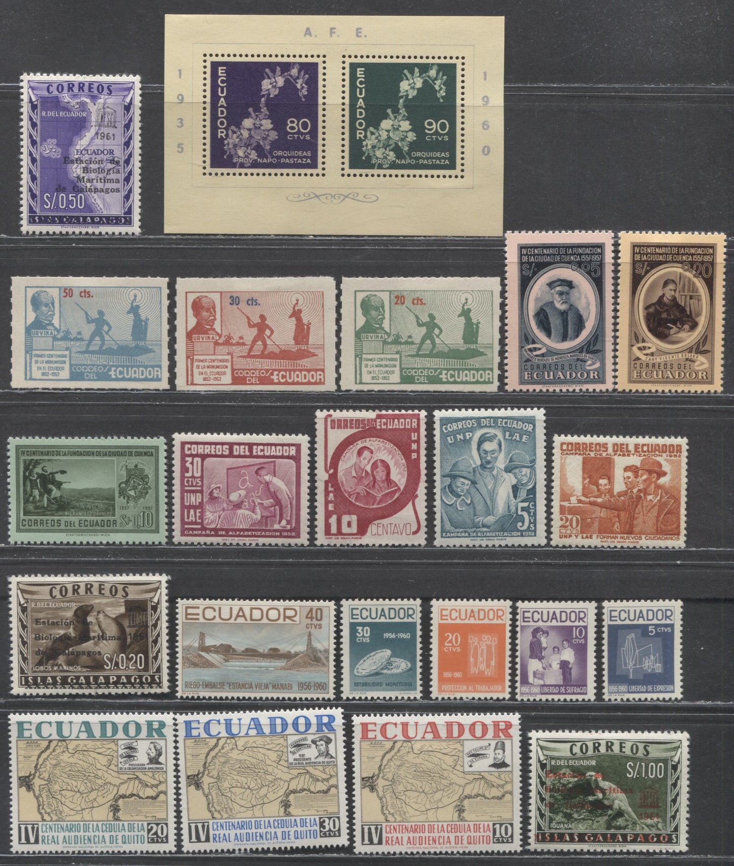 Lot 504 Ecuador SC#563/724  1952-1964, Commemoratives, 22 VFOG Singles & 1 Souvenir Sheet, 2017 Scott Cat. $22.15 USD, Click on Listing to See ALL Pictures