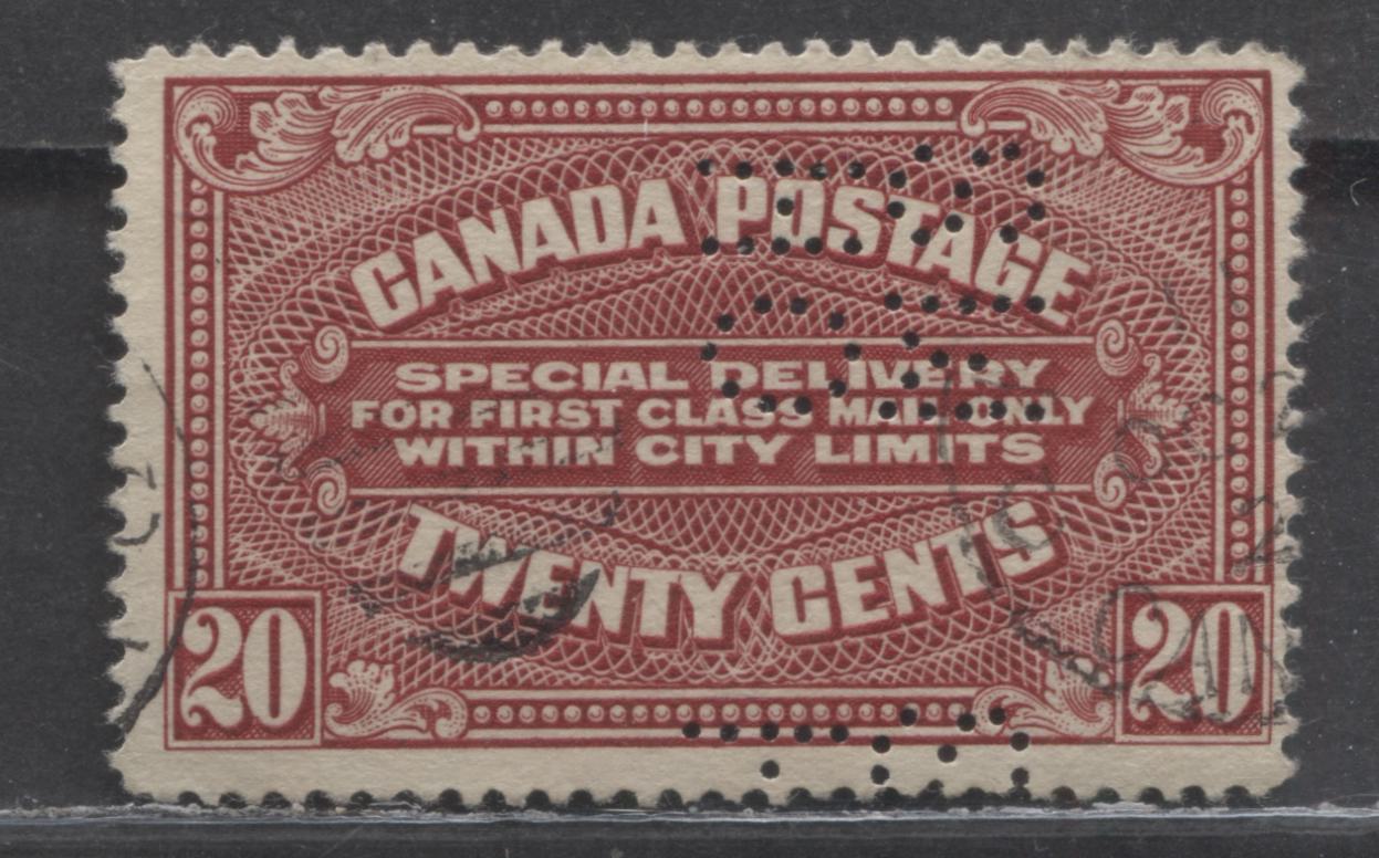 Lot 90 Canada #E2var 20c Carmine American Bank Note Company, 1922 Special Delivery Issue, A Fine Used Single, Dry Printing With 5 Hole OHMS Position E