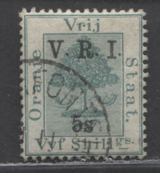Lot 93 Orange River Colony SC#53c 5s Blue-Green 1900-1901 Orange Tree Definitive With Overprint, A Very Fine Used Example, Click on Listing to See ALL Pictures, 2022 Scott Classic Cat. $22.5 USD