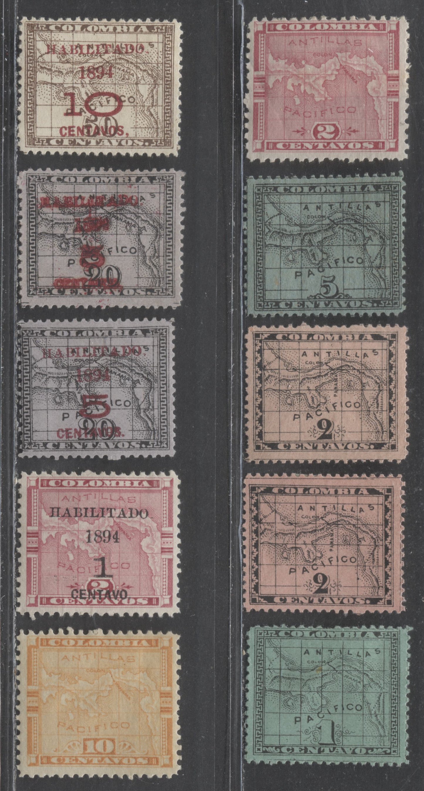 Lot 95 Panama SC#8/28 1887-1894 Map Definitives & Surcharges, 10 F/VFOG Singles, Click on Listing to See ALL Pictures, 2022 Scott Classic Cat. $23.75 USD