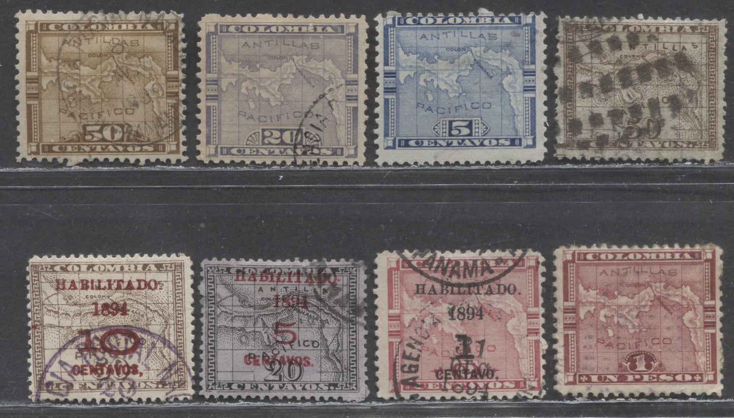 Lot 97 Panama SC#14/27 1887-1894 Map Definitives & Surcharges, 8 Fine/Very Fine Used Singles, Click on Listing to See ALL Pictures, 2022 Scott Classic Cat. $14.75 USD