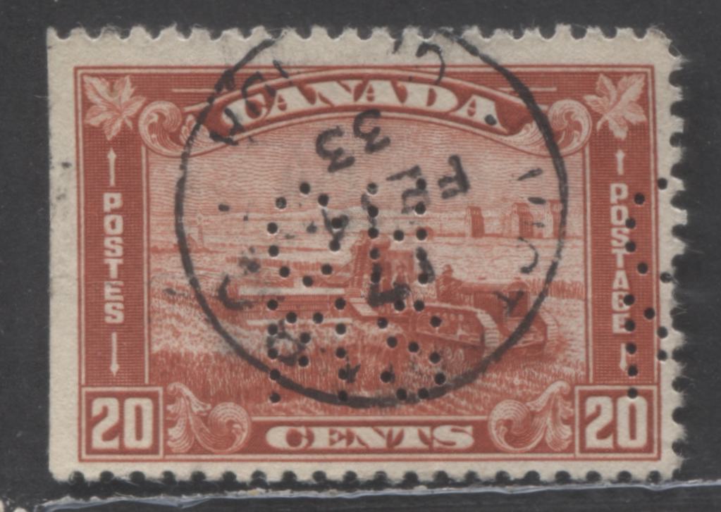 Lot 100 Canada #O8-175 20c Brown Red Harvesting Wheat, 1930-1931 Arch/Leaf Issue, A Fine Used Single, 5 Hole OHMS Perfin, Position A