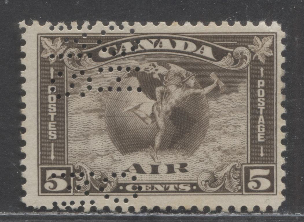 Lot 107 Canada #O8-C2 5c Olive Brown Mercury With Scroll, 1930 Airmail, A FOG Single, 5 Hole OHMS Perfin, Position F, Unpriced Mint