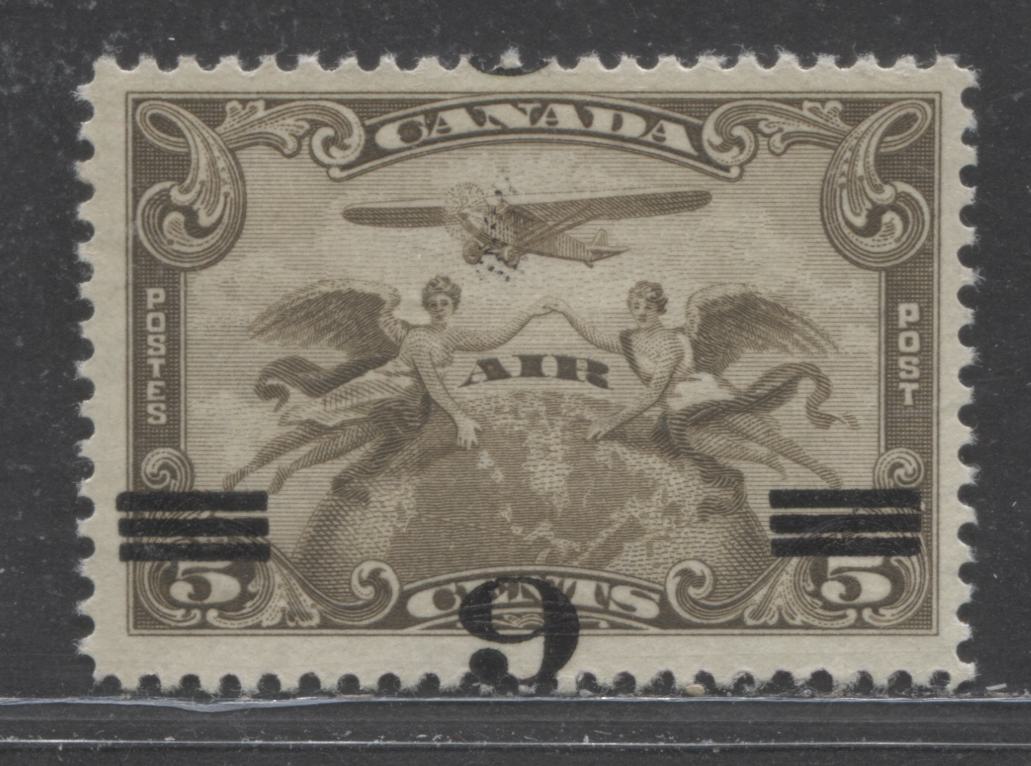 Lot 109 Canada #C3a 6c On 5c Brown Olive Winged Figures Against Globe, 1932 Airmail, A FOG Single, Inverted Surcharge, With Gratton Cert