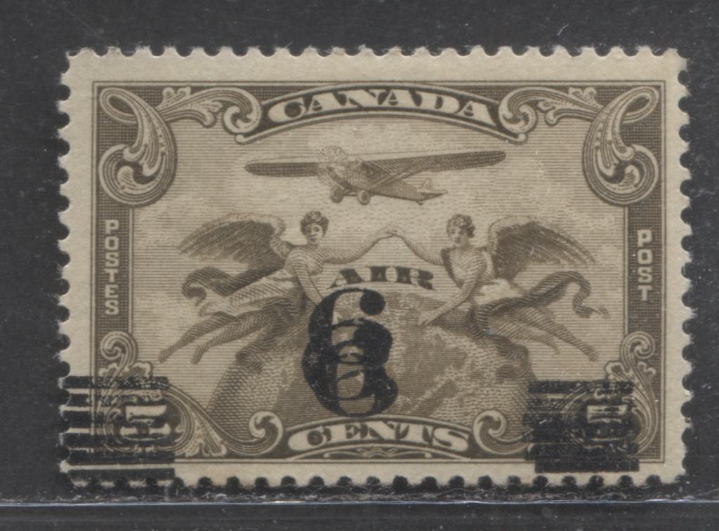 Lot 110 Canada #C3c 6c On 5c Brown Olive Winged Figures Against Globe, 1932 Airmail, A VFOG Single, Triple Surcharge