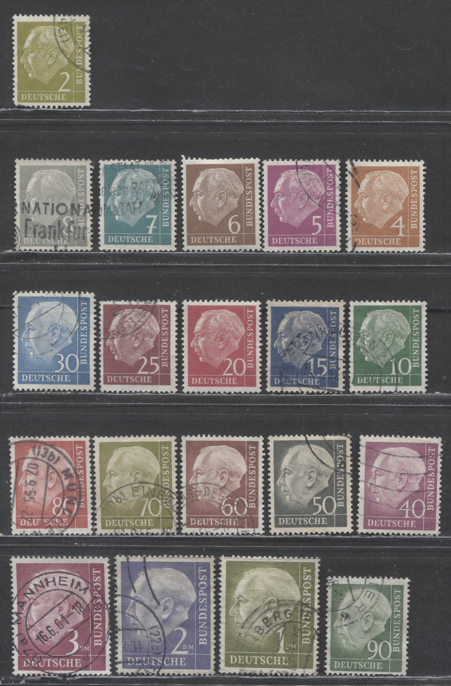 Lot 118 Germany SC#702-721 1954-1960 Heuss Definitives, 20 Fine/Very Fine Used Singles, Click on Listing to See ALL Pictures, 2017 Scott Cat. $20 USD