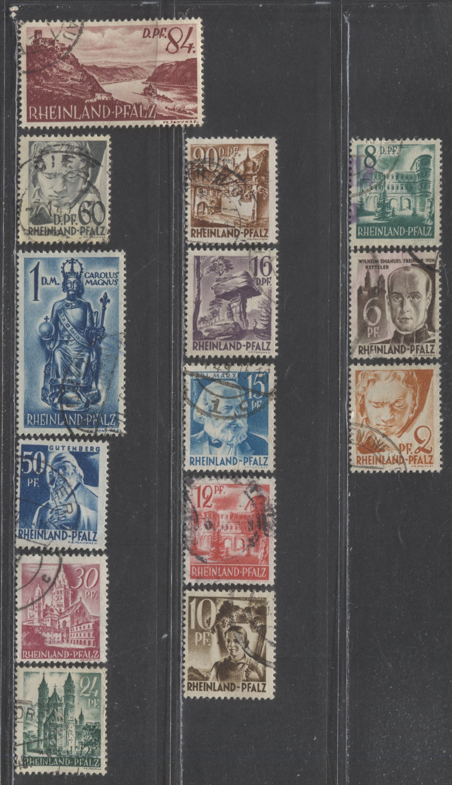 Lot 131A Germany - Rhineland - Pfalz SC#6N16/6N29 1948 Definitives, 14 Fine/Very Fine Used Singles, Click on Listing to See ALL Pictures, 2017 Scott Cat. $17.5 USD