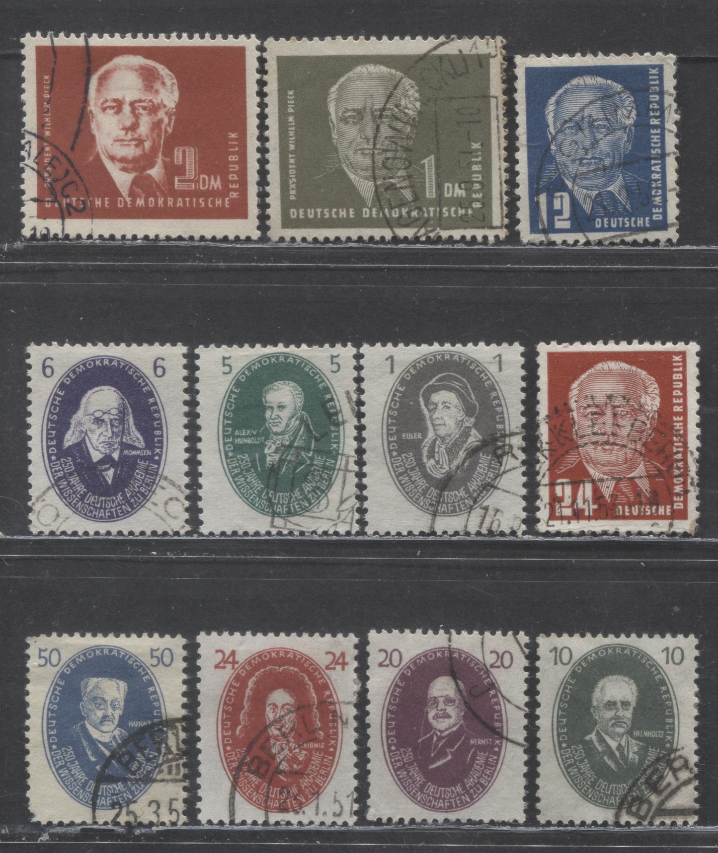 Lot 142 German Democratic Republic SC#54/67 1950-1951 Academy Of Science + Definitives, 11 Fine/Very Fine Used Singles, Click on Listing to See ALL Pictures, 2017 Scott Cat. $81.6 USD